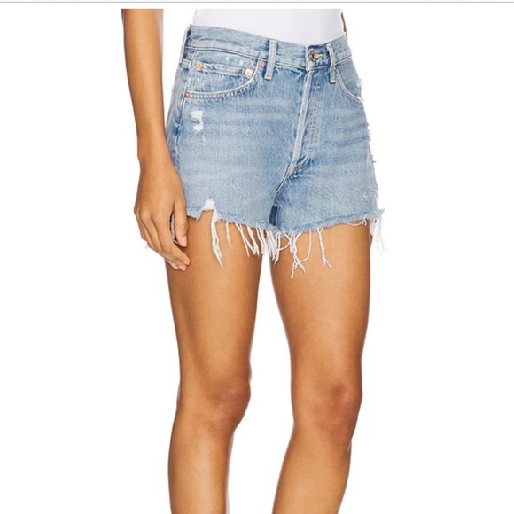Agolde Blue High-Waisted Distressed Jean Shorts - Picture 6 of 7